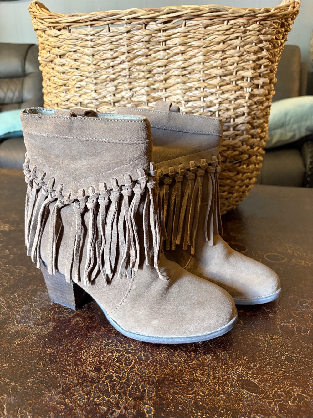 Fringe Suede Ankle Boots - Taupe